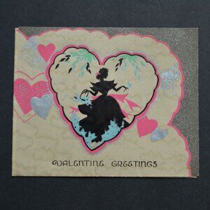 Vintage Valentine Card Greetings Metallic Foiled Woman in Dress